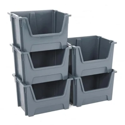 Image of BiGDUG Essentials Large Stacking Pick Bins 320H x 495W 390D mm 50L Capacity Plastic Storage Boxes (Grey, Pack of 5)