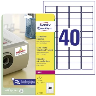 Image of Avery L6140 20 Extra Strong Adhesive TripleBond Labels, 40 Labels Per A4 Sheet
