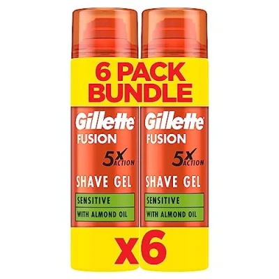 Image of Gillette Fusion Shave Gel for Men with Almond Oil, Sensitive Skin, 5X Action: Cleanses, Hydrates, Protects, Refreshes, and Soothes, 6x200ml