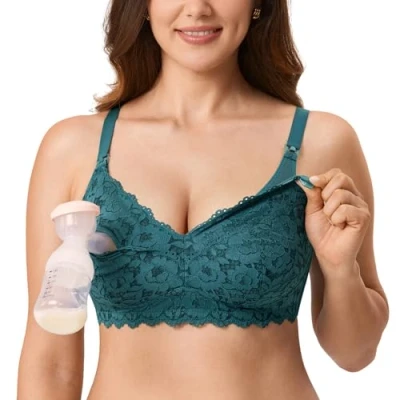 Image of MOMANDA Women&#039;s Pumping Bra Lace Nursing Bras Maternity Breastfeeding Hands Free Breast Pump Spruce Green 40DD