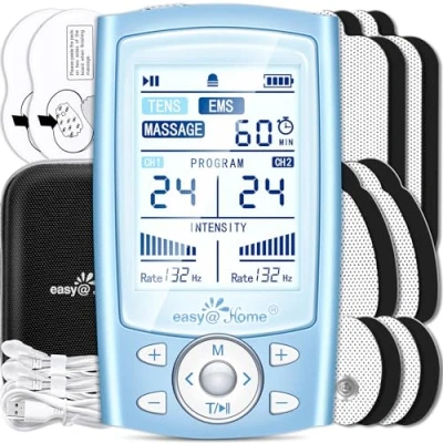 Image of Easy@Home TENS Machine EMS: for Pain Relief Muscle Stimulator Back EMS Foot Massager Massage Dual Channel 24 Modes 12 Pads Replacements