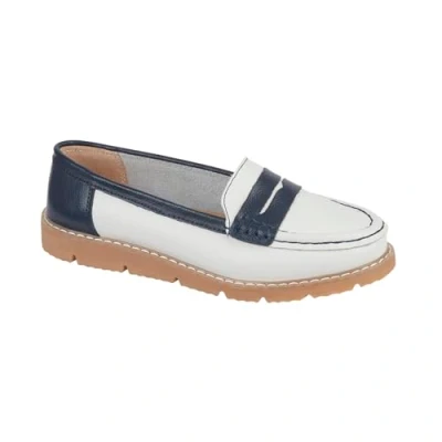 Image of Jo &amp; Joe Women’s Real Suede Leather Penny Loafer Comfortable Smart/Casual Flat Slip on Boat Shoe in Sizes 4 8 (Blue/White, UK Footwear Size System, Adult, Women, Numeric, Medium, 4)