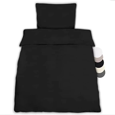 Image of Beautissu Single Bedding Set 155x220 cm Julie 1 Duvet Cover 100% Cotton for a Bed with Pillowcase &amp; Blanket Black
