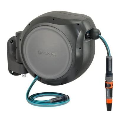 Image of GARDENA 8055 100 Foot Wall Mounted Retractable Reel with Hose Guide, Automatic retraction for Easy Watering, Gray