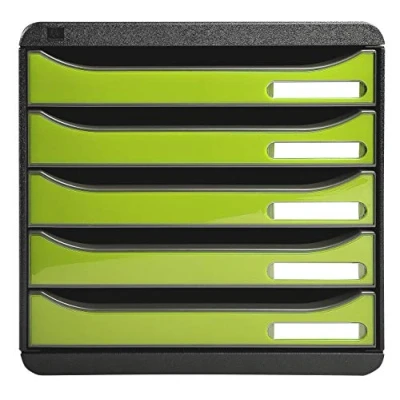 Image of Exacompta Ref 3097225D BIG BOX PLUS Desktop Drawer Set 5 x 43mm Drawers, Suitable for A4+ Documents, 347 278 271mm, 100% Recycled Plastic Black/Glossy Anise Green