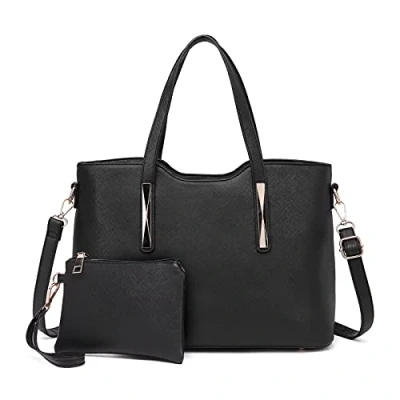 Image of Miss Lulu Tote Bag for Women PU Leather Handbags Set Ladies Top Handle Shoulder Large Capacity (Black)