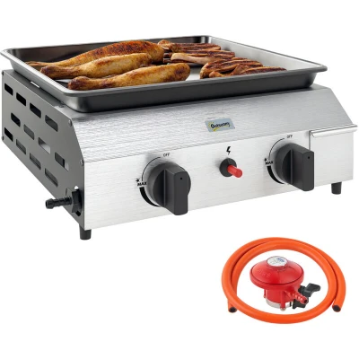 Image of Outsunny Gas Plancha Grill with 2 Stainless Steel Burners, 4.8kW, Portable Tabletop BBQ Non Stick Griddle for Camping, Picnic, Garden, Party, Festival, Silver Tone