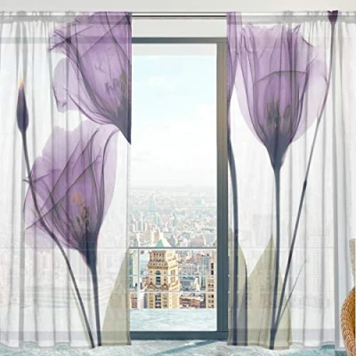 Image of Mnsruu Sheer Voile Curtains, Purple Flowers Soft Curtains for Bedroom Living Room 140 x 213 cm 2 Panels