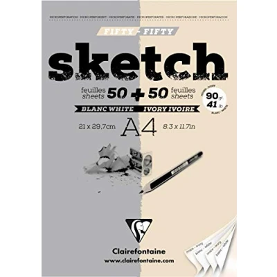 Image of Clairefontaine Ref 96609C White and Ivory Sketch Pad (100 Sheets) A4 (210 x 297mm), 90gsm Paper, 50 + Suitable for Sketching with Pencils, Charcoals