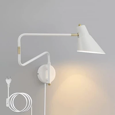Image of Vintage Metal Wall Lamp Adjustable Long Arm Bedside with Switch and Plug, 360 Rotatable Reading Lights Cable, Indoor E27 Spot for Bedroom Living Room Office,White