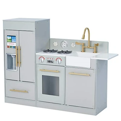 Image of Teamson Kids Little Chef Charlotte Modern Modular Interactive Wooden Play Kitchen with Refrigerator, Stove and Sink in Grey Gold Accents