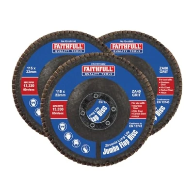 Image of Faithfull FAIFD115ZM3 115mm Flap Disc Zirconium Set 40/80/120 Mix Grit, Abrasive Angle Grinder Discs for Sanding Metal, Wood, Plastic 3PCS