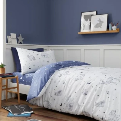 Image of Bianca Brushed Starlight Animals Reversible Cotton Single Duvet Cover Set with Pillowcase White/Blue