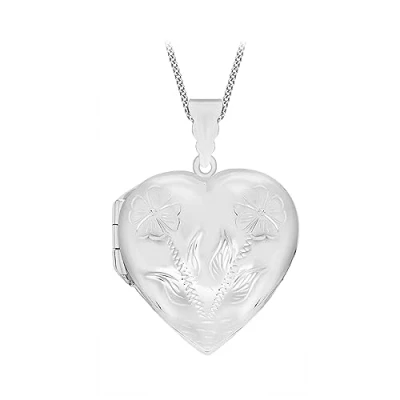 Image of Tuscany Silver Women&#039;s Sterling Large Engraved Heart Locket Pendant on Curb Chain of 46cm/18&quot;