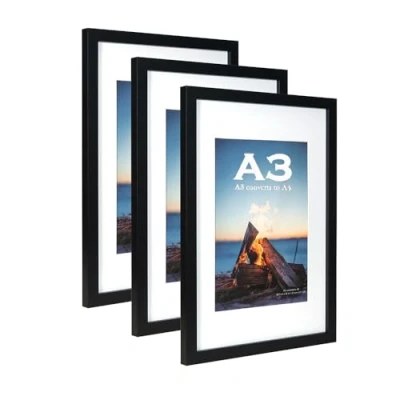 Image of Black Wooden Picture Frame A3 with Mat,Set of 3, Mount for A4 or Certificate,Wall Mountable