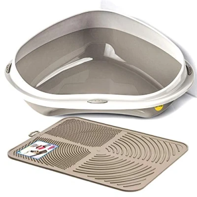 Image of Cat CENTRE Grey Large Corner Litter Tray + Nonslip Mat Set Box Loo Toilet Kitten Pad