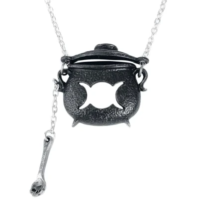 Image of Alchemy Gothic Witches Cauldron Pewter Pendant Necklace Halloween Jewellery Accessories