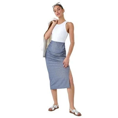 Image of Dusk Womens Metallic Shimmer Ruched Midi Skirt Blue Size 14 UK