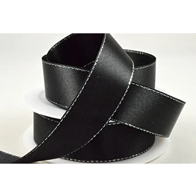 Image of Black Single Faced Satin Ribbon with Silver Edge 15mm x 25 Metre Roll