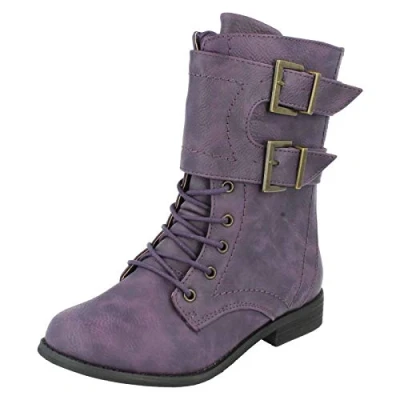 Image of Spot On Low Heel Lace Up Boot / 2 Buckle Straps (Purple, Size 11 Child UK)