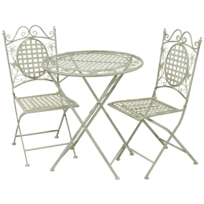 Image of Maribelle White Round Metal Floral Designed Folding Outdoor Garden Patio Dining Table And Two Square Chairs