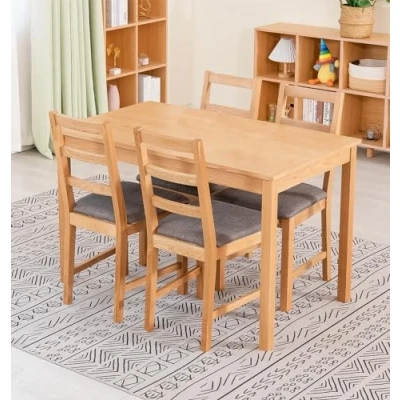 Image of Hallowood Furniture Waverly Oak Small Dining Table and Chairs Set 4, Wooden (120x70cm) &amp; Ladder Back Solid with Grey Seat, for Home Cafe