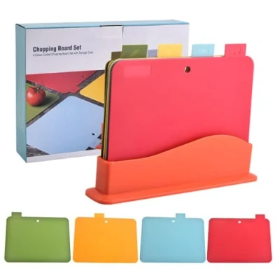 Image of Chopping Board Set Colour Coded Plastic Cutting Boards with Storage Stand of 4 Holder