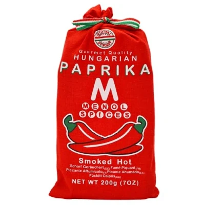 Image of Menol Spices Authentic Hungarian Smoked Paprika Powder (Smoked Hot 200g) Premium Gourmet Quality, Incredible Smokey and Spicy Flavour, Vibrant Red, Produced in region of Szeged, Hungary