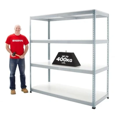 Image of BiGDUG Galvanised Steel Racking 198cm High With Melamine Shelves 198h x 152.5w 61d cm 400kg Load Capacity Per Shelf FEM Standards Certified 4 Tier Shelving