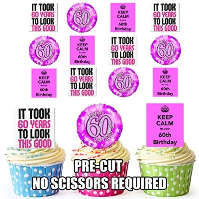Image of AK Giftshop Fun 60th Female Birthday, 12 Cup Cake Toppers, Edible Stand Up Decorations