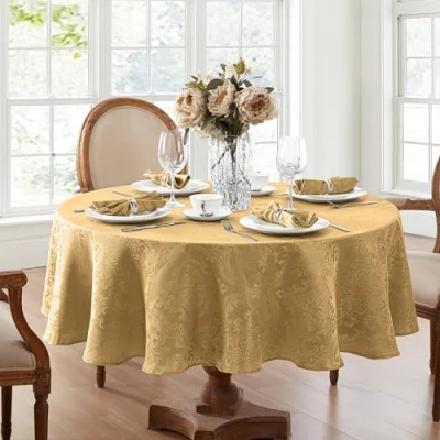Image of Elrene Damask Tablecloth, Polyester, Gold, 70 Inches Round