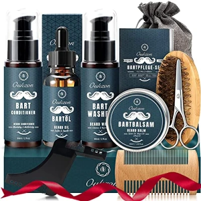 Image of Beard Grooming Kit for Men, 10 in 1 Trimming Gift Set with Shampoo, Conditioner, Oil, Balm, Comb,Brush, Scissors, Shaper and Storage Bag Mens Growth Care