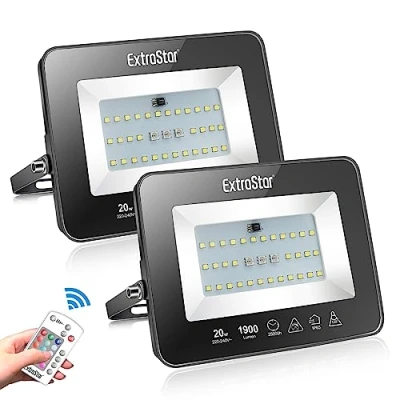 Image of EXTRASTAR 20W Smart RGB Led Floodlight Indoor or Outdoor, 6500K Daylight Flood Light 16 Colours Adjustable with Remote Control, IP65 Waterproof Dimmable Atmosphere for Stage Garden (2 Pack)