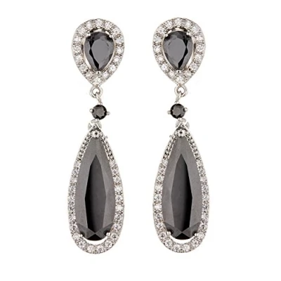 Image of Clip On Earrings Silver Plated Drop With Black Stones Bano