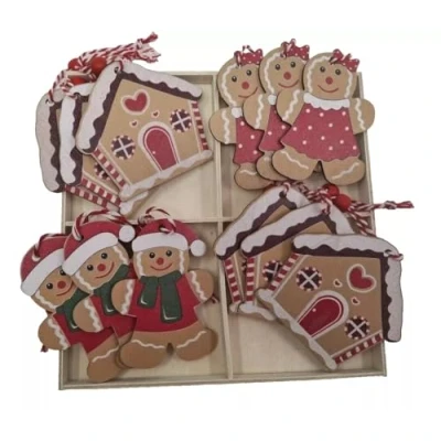 Image of 12x 6cm Gingerbread House/Man Christmas Tree Decoration Wooden Festive Ornament Baubles Xmas