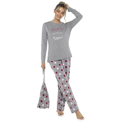 Image of Evotex Trading Ladies Saturday Sunday Repeat Long Sleeve Pyjamas Pyjama PJ Set Grey Size 16/18