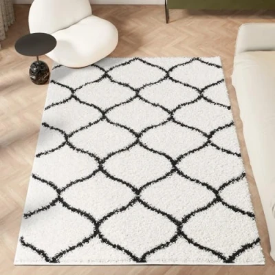 Image of homeart Area Rug Super Soft Geometric Shaggy Rugs For The Living Rooms, Bedrooms And Kitchen Modern, Easy To Clean Carpet(Trellis Ivory Black 80x150 cm)