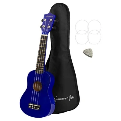 Image of World Rhythm Soprano Ukulele Beginner Uke in Blue Finish with Gig Bag, Spare Strings &amp; Felt Pick