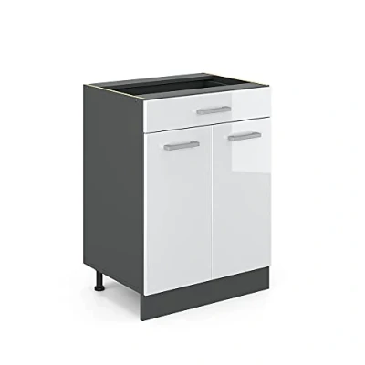 Image of Vicco Kitchen base cabinet Raul, White High Gloss/Anthracite, 60 cm with drawer, without worktop