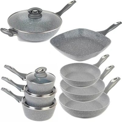 Image of Salter COMBO 8572A 8 Piece Pan Set Non Stick Induction Suitable, 16/18/20cm Saucepans, 20/24/28cm Frying Pans, Wok, Griddle Kitchen Pan, Healthier Cooking with Little Or No Oil, Marblestone, Grey