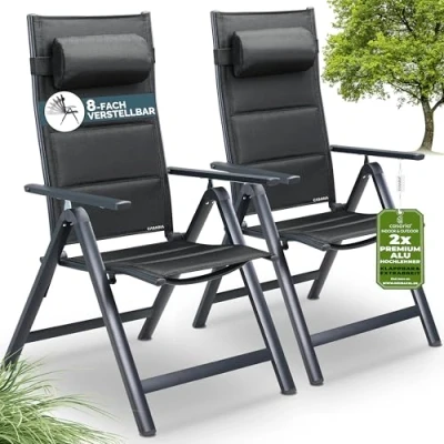 Image of CASARIA® 2x Bern Premium High Back Folding Aluminium Garden Chairs 8 Point Reclining Padded Armchair Foldable Lightweight Outdoor Patio Balcony Dining Furniture Anthracite