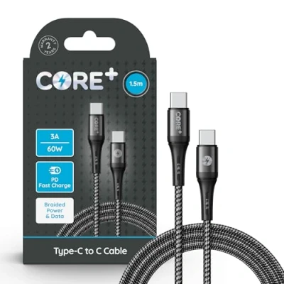 Image of CORE + USB C to Charger Cable POWER DELIVERY Fast Charging Double Braided Nylon Compatible with iPhone 15 Pro, Macbook, Samsung, Google Devices Tidy (1 x 1M 60W Charge)