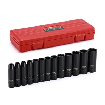 Image of CASOMAN 3/8 Inch Drive Impact Socket Set, 6 Point, Metric, Deep, CR V, 7mm to 19mm, 13 Piece Set
