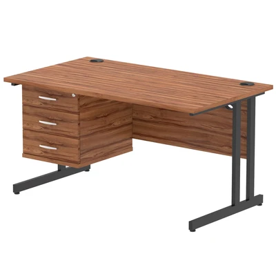 Image of Impulse 1400x800 Desk Walnut/Black Cantilever Leg 1x3 Drawer Fixed Ped