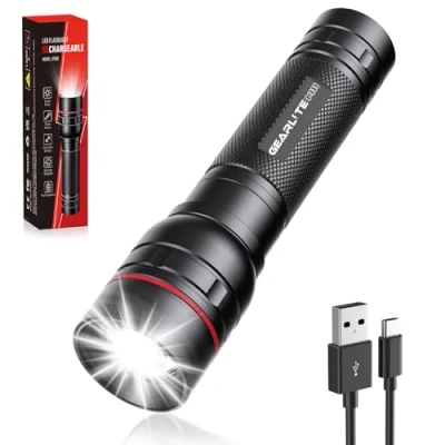 Image of GEARLITE LED Rechargeable Torch, 2000 Lumens Extremely Bright with 3 Modes, Zoomable Mini Torch Long Running Time, IP65 Waterproof Flashlight for Camping, Fishing, Emergency, Outdoor