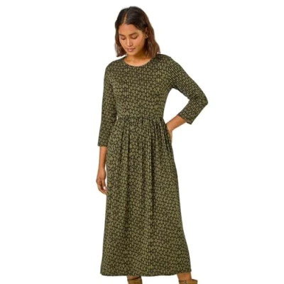 Image of Roman Originals Midi Gathered Dress with Pockets for Women UK Ladies Stretchy Jersey Maxi Round Neck Elasticated High Waisted Boho Flattering Skater Swing Fit Flare Khaki Size 10