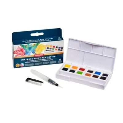 Image of Derwent Inktense Paint 12 Pan Palette #1, Set of 12, Half Size, Water Soluble, Ideal for Painting &amp; Crafts on Paper Fabric, Professional Quality, Travel 2306243