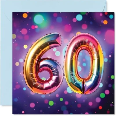 Image of 60th Birthday Cards for Men Women Rainbow Foil Balloon Happy Card 60 Year Old Man Woman Sister Nan Cousin Nanny, 145mm Bday Greeting