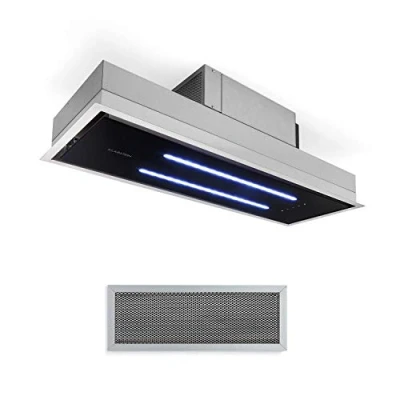 Image of Klarstein High Line Ceiling Hood Built In, 90 cm, 410 m3 / h, Circulating/Exhaust Air, 3 Steps, LED, Remote Control, Activated Carbon Filter, Substructure Hood, Stainless Steel/Black Glass
