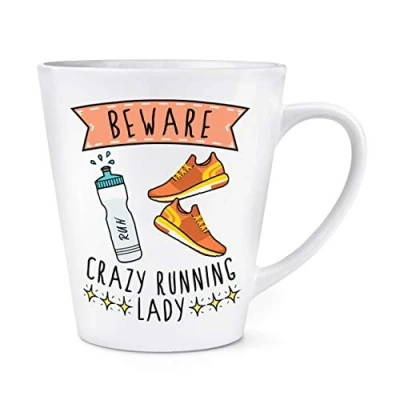 Image of Beware Crazy Running Lady 12oz Latte Mug Cup
